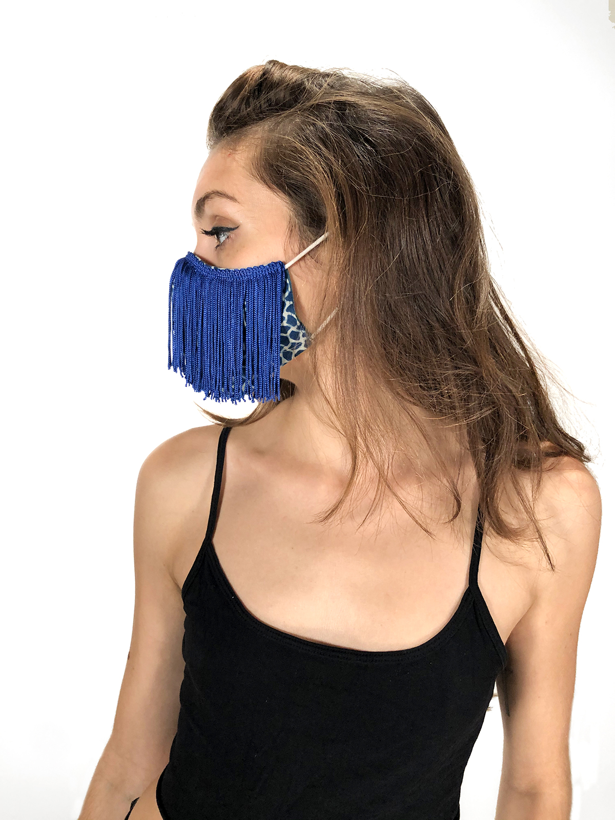 Blue Fringe Mask on adult female