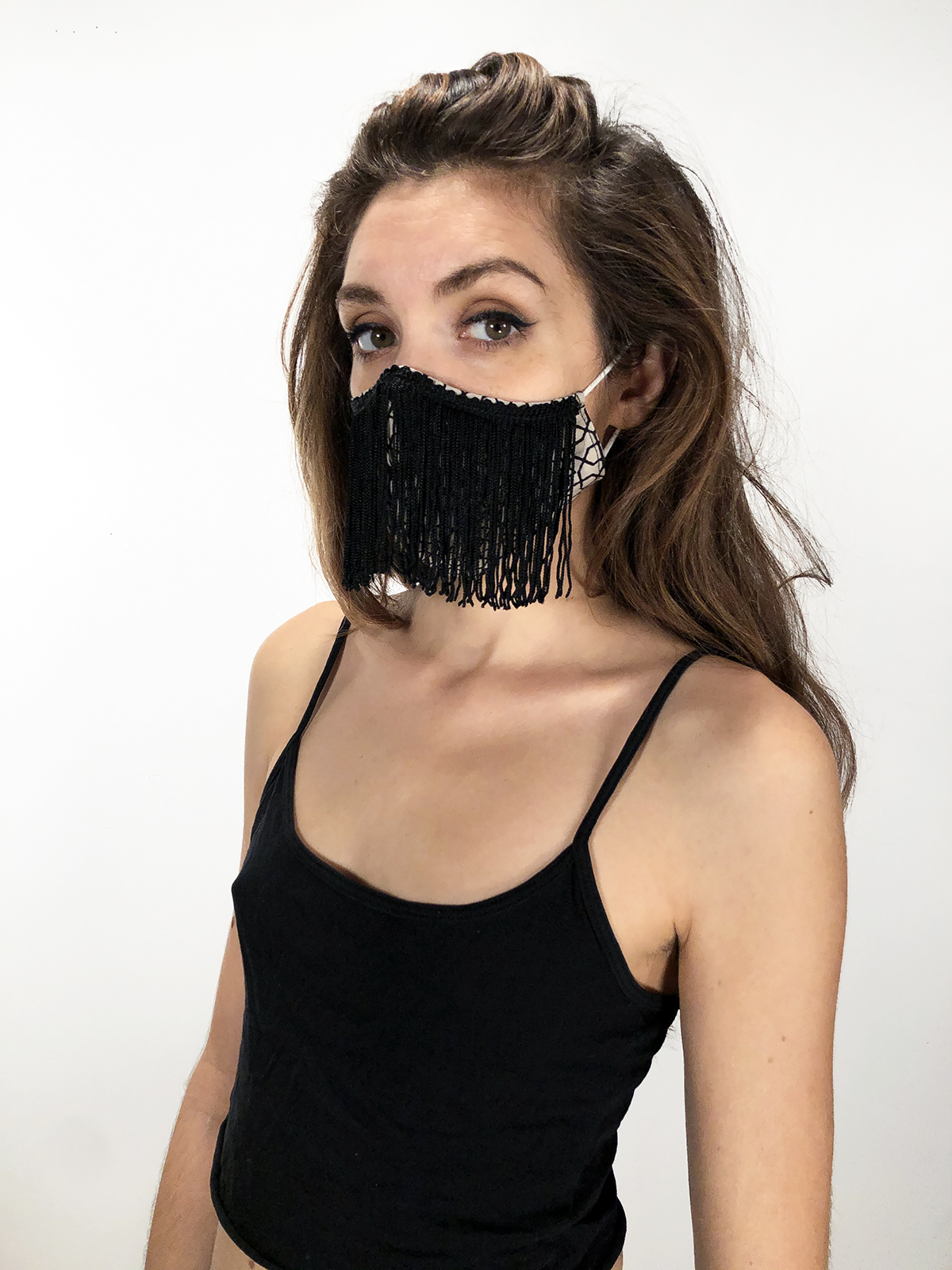 Face covering mask with Black fringe o female model